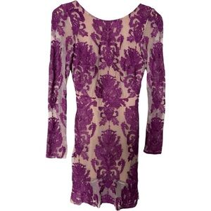 FOR LOVE & LEMONS A Night to Remember Mini Dress Long Sleeve Purple Embroidery S